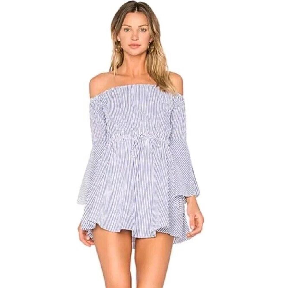 Revolve Lovers Friends Womens XS‎ Stay Dress Off Shoulder Blue White Striped